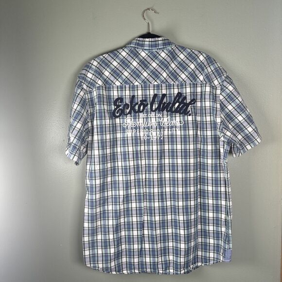 Ecko Unltd Mens XL Blue Plaid Short Sleeve Pearl‎ Snap Western Button Up Patches - Picture 2 of 14